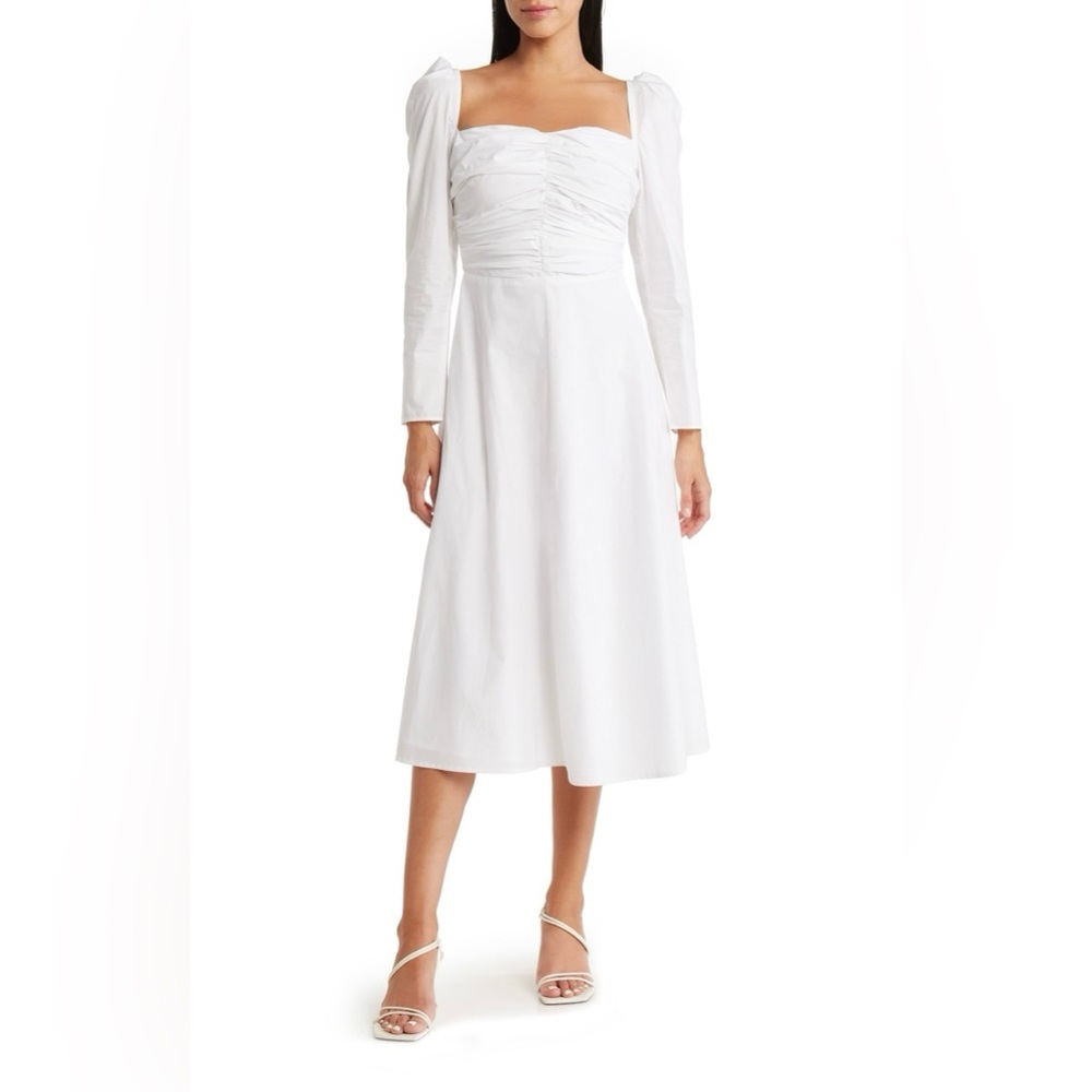 ASTR The Label White Cotton A-Line Midi Puff Sleeve Dress Small